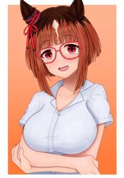 Rule 34 | 1girl, alternate costume, animal ears, border, breasts, brown background, brown hair, collared shirt, commentary request, crossed arms, ear ornament, glasses, highres, horse ears, horse girl, large breasts, looking at viewer, m172/minatsu, multicolored hair, open mouth, outside border, red-framed eyewear, red eyes, shirt, short hair, short sleeves, smile, solo, streaked hair, transcend (umamusume), umamusume, upper body, white border, white hair, white shirt