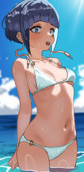 1girl absurdres audio_jack bikini blunt_bangs blush boku_no_hero_academia breasts collarbone commentary highres jirou_kyouka long_earlobes looking_at_viewer navel open_mouth short_hair small_breasts solo swimsuit water white_bikini zd_(pixiv6210083)