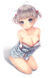 Rule 34 | 1girl, ahoge, bad id, bad pixiv id, bare shoulders, blue eyes, blunt bangs, blurry, blush, bottomless, bow, breast hold, breasts, breasts squeezed together, cleavage, collarbone, covered erect nipples, depth of field, eyebrows, eyelashes, from above, full body, grey hair, hair bow, hair ornament, large breasts, momoi komomo, no bra, off shoulder, original, red bow, seiza, shadow, short hair, sitting, sleeves past wrists, solo, striped, twintails