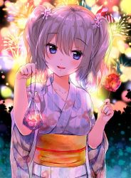 Rule 34 | 10s, 1girl, :d, bad id, bad twitter id, blue eyes, blush, candy apple, commentary request, fireworks, fish, food, hair ornament, japanese clothes, kantai collection, kashima (kancolle), kimono, looking at viewer, open mouth, silver hair, smile, solo, twintails, upper body, yadapot, yukata