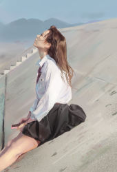 Rule 34 | 1girl, absurdres, anmi, black skirt, blouse, brown hair, collared shirt, commentary request, day, from side, highres, long sleeves, looking up, necktie, original, outdoors, parted lips, photorealistic, profile, realistic, red necktie, shirt, sitting, skirt, solo, stairs, white shirt, wing collar