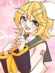 Rule 34 | 1girl, bare shoulders, blonde hair, blue eyes, blush, bow, collaboration, crop top, detached sleeves, eshe mr, eyelashes, finger to mouth, hair between eyes, hair bow, hair ornament, hairclip, highres, index finger raised, kagamine rin, looking at viewer, mimi mine, neckerchief, open mouth, pink background, sailor collar, shirt, short hair, shushing, sleeveless, sleeveless shirt, smile, solo, upper body, vocaloid, white bow, yellow nails, yellow neckerchief