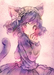 Rule 34 | 10s, 1girl, animal ears, blush, cat ears, cat tail, cyan (show by rock!!), dress, finger to mouth, from side, highres, lens flare, lens flare abuse, looking at viewer, maid headdress, ogawa hidari, purple dress, purple theme, show by rock!!, solo, tail, upper body