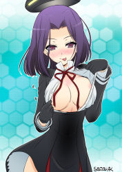 Rule 34 | 10s, 1girl, :p, blush, breasts, clothes pull, dress, gloves, halo, kantai collection, large breasts, looking at viewer, mechanical halo, naughty face, open clothes, open shirt, purple eyes, purple hair, ribbon, sata (sat), shirt, shirt pull, short dress, short hair, solo, sweatdrop, tatsuta (kancolle), tongue, tongue out