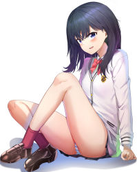 Rule 34 | 10s, 1girl, absurdres, arm support, ass, black footwear, black hair, blue eyes, blush, bow, bowtie, cardigan, full body, gridman universe, highres, knees up, loafers, long hair, long sleeves, looking at viewer, microskirt, miniskirt, panties, pantyshot, parted lips, pleated skirt, red bow, red bowtie, red socks, school uniform, shadow, shoes, simple background, sitting, skirt, smile, socks, solo, ssss.gridman, striped clothes, striped panties, sunhyun, takarada rikka, teeth, thighs, underwear, white background