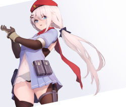 Rule 34 | 1girl, 9a-91 (girls&#039; frontline), adjusting clothes, adjusting gloves, beret, black panties, blue eyes, breasts, brown gloves, brown thighhighs, cropped legs, elbow gloves, from below, girls&#039; frontline, gloves, gradient background, grey background, hair ornament, hat, highres, long hair, looking at viewer, looking down, low ponytail, mari0ball, navel, no pants, panties, parted lips, pouch, puffy short sleeves, puffy sleeves, red hat, red scarf, scarf, see-through, short sleeves, silver hair, small breasts, solo, star (symbol), star hair ornament, thighhighs, underwear, very long hair
