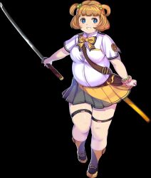 Rule 34 | 1girl, alpha transparency, artist request, beads, belt, big belly, blue eyes, blunt bangs, boots, bracelet, breasts, dot nose, fat, full body, hair beads, hair ornament, hasebe shikiri, holding, holding sword, holding weapon, jewelry, katana, large breasts, light brown hair, looking at viewer, medium hair, official art, open mouth, outstretched arms, pleated skirt, shinken!!, shirt, short sleeves, simple background, skirt, solo, standing, standing on one leg, star-shaped pupils, star (symbol), sword, symbol-shaped pupils, thick thighs, thigh strap, thighs, third-party source, transparent background, two side up, weapon, white shirt, wing collar
