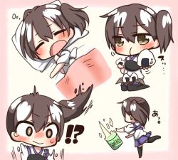 Rule 34 | !?, 10s, 1girl, black legwear, blue skirt, brown eyes, brown hair, chibi, closed mouth, eating, closed eyes, food, hakama, hakama short skirt, hakama skirt, jako (jakoo21), japanese clothes, kaga (kancolle), kantai collection, lying, on side, onigiri, open mouth, ponytail, short hair, short sleeves, side ponytail, skirt, sleeping, solo, under covers