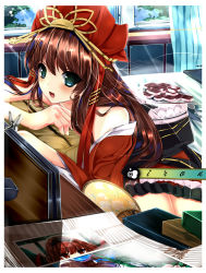 Rule 34 | 1girl, :d, blush, curtains, desk, hand fan, hat, highres, indoors, iron (huyiyang), looking at viewer, misaki kurehito (style), open mouth, original, red hat, smile, solo, spoon, table, tassel, upper body, window