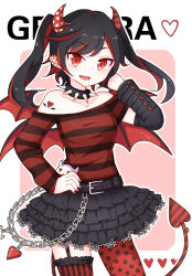 Rule 34 | 1girl, belt, black belt, black choker, black hair, black nails, black skirt, cain7, character name, choker, demon girl, demon horns, demon tail, demon wings, detached sleeves, funamusea, gerbera (funamusea), horns, multicolored hair, off-shoulder shirt, off shoulder, open mouth, pointy ears, red eyes, red hair, red nails, shirt, shoulder tattoo, skirt, spiked choker, spikes, tail, tattoo, twintails, wings