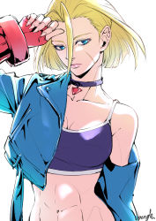 Rule 34 | 1girl, abs, absurdres, blonde hair, blue eyes, breasts, cammy white, capcom, choker, cleavage, closed mouth, fighting game, highres, jacket, medium breasts, muscular, muscular female, navel, open clothes, open jacket, scar, short hair, signature, simple background, solo, street fighter, street fighter 6, strikebeagle, white background