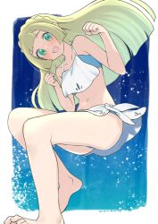 Rule 34 | 1girl, :d, artist name, bare legs, barefoot, blonde hair, blush, clenched hands, collarbone, commentary request, couzone, creatures (company), eyelashes, game freak, green eyes, hands up, happy, highres, lillie (pokemon), long hair, looking at viewer, navel, nintendo, open mouth, pokemon, pokemon (anime), pokemon sm (anime), signature, smile, solo, swimsuit, toes
