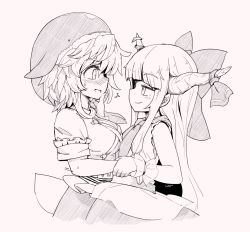 Rule 34 | 2girls, blush, bow, from side, hair bow, hand on another&#039;s chin, holding another&#039;s wrist, horn ornament, horn ribbon, horns, ibuki suika, kumamoto (bbtonhk2), long hair, looking at another, medium hair, monochrome, multiple girls, okunoda miyoi, oni horns, open mouth, profile, ribbon, short sleeves, sleeveless, smile, sweat, touhou, upper body, whale hat, yuri
