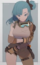 Rule 34 | 1girl, bandaid, bandaid on face, belt, black ribbon, blue eyes, blue hair, breasts, brown gloves, bulma, chain, character name, commentary, cowboy shot, denim, detached sleeves, dragon ball, dragon ball (classic), dragon ball (object), fanny pack, floating hair, gloves, goggles, goggles around neck, grabbing, grey background, hair ribbon, hand on own arm, happy, jeans, kawacy, long hair, looking away, one-piece swimsuit, outside border, pants, ponytail, ribbon, shadow, shirt, short sleeves, simple background, smile, solo, standing, swimsuit, torn clothes, torn jeans, torn pants, twitter username, unfinished, upper body, white shirt
