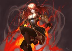 Rule 34 | 10s, 1girl, absurdres, ass, black gloves, black thighhighs, boots, braid, cleavage cutout, clothing cutout, fire, gloves, grey eyes, grin, highres, long hair, panties, pantyshot, re:creators, red hair, red panties, selesia upitiria, simple background, skirt, smile, solo, squatting, thighhighs, tollrin-senpai, underwear
