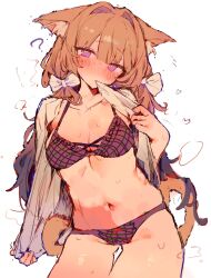 Rule 34 | 1girl, ?, animal ears, black bra, black panties, blonde hair, bow, bra, breasts, cat ears, cat tail, cleavage, clothes pull, collarbone, cowboy shot, hair between eyes, hair bow, heart, highres, looking at viewer, navel, open clothes, open shirt, original, otintin, panties, pulling own clothes, purple eyes, simple background, solo, steam, steaming body, sweat, tail, thigh gap, underwear, undressing, white background, white bow