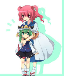 Rule 34 | 2girls, :&lt;, :3, bad id, bad pixiv id, blue eyes, blush, green hair, hair bobbles, hair ornament, height difference, hug, hug from behind, japanese clothes, mogiki hayami, multiple girls, onozuka komachi, red eyes, red hair, shiki eiki, size difference, touhou, twintails, two side up, |||