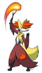Rule 34 | animal ears, animal hands, arm up, artist name, creatures (company), dakkpasserida, delphox, feet, fire, fox ears, fox tail, full body, furry, game freak, gen 6 pokemon, hand up, highres, legs apart, looking at viewer, nintendo, open mouth, pokemon, pokemon (creature), pokemon xy, red eyes, sharp teeth, signature, solo, standing, stick, tail, teeth, text focus, transparent background