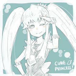 Rule 34 | 10s, 1girl, ammonio, blush, brooch, character name, crown, cure princess, english text, eyelashes, hair ornament, happinesscharge precure!, happy, heart, heart brooch, long hair, looking at viewer, magical girl, monochrome, one eye closed, precure, shirayuki hime, shirt, sketch, smile, solo, standing, twintails, vest, wrist cuffs