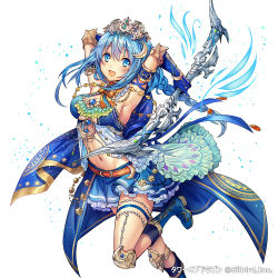 Rule 34 | 1girl, :d, armband, armpits, arms up, belt, blue eyes, blue footwear, blue hair, blue skirt, boots, bow (weapon), braid, breasts, cape, cleavage, company name, copyright name, crescent, crescent hair ornament, dress, elbow gloves, eyebrows, frilled skirt, frills, gloves, hair between eyes, hair ornament, holding, holding weapon, jewelry, knee pads, leg up, long hair, looking at viewer, madogawa, matching hair/eyes, medium breasts, navel, official art, open mouth, original, ribbon, simple background, single braid, skirt, smile, solo, tiara, tower of dragon, wand, weapon, white background, wings