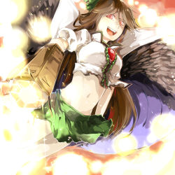 Rule 34 | 1girl, arm cannon, bad id, bad pixiv id, brown hair, burnt clothes, female focus, from below, midriff, navel, reiuji utsuho, shuang9705, skirt, solo, touhou, weapon