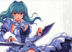 Rule 34 | 1girl, absurdres, aqua hair, blush, breasts, cassie lockheart, cleavage, fingerless gloves, freezing (series), gloves, highres, huge filesize, kim kwang hyun, lips, lipstick, long hair, makeup, official art, open mouth, red eyes, scan, simple background, solo, sword, weapon, white background