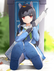 Rule 34 | 1girl, ahoge, animal ears, autumn leaves, black gloves, black hair, blue archive, blue footwear, blue shirt, blue skirt, blunt bangs, blurry, blurry background, bolt action, fake animal ears, full body, gloves, green neckerchief, gun, highres, holding, holding gun, holding weapon, leaf, leaf on head, long hair, looking at viewer, maple leaf, miyu (blue archive), mosin-nagant, neckerchief, qing wu, red eyes, rifle, shirt, sitting, skirt, solo, trash can, two-tone footwear, weapon, white footwear