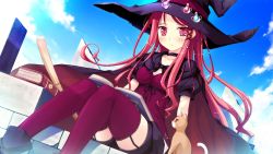 Rule 34 | 1girl, book, breasts, cape, cat, cropped jacket, game cg, hat, hinomiya ayari, ko~cha, long hair, outdoors, red eyes, red hair, red thighhighs, sky, solo, thighhighs, very long hair, witch&#039;s garden, witch hat