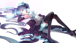 Rule 34 | 1girl, aqua eyes, armpits, arms up, boots, elbow gloves, gloves, hatsune miku, highres, long hair, looking at viewer, lying, necktie, on back, simple background, skirt, smile, solo, thigh boots, thighhighs, transparent background, very long hair, vocaloid, white background, yotsuba0052