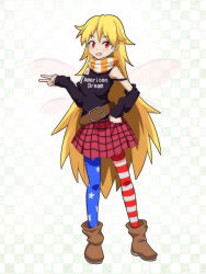 Rule 34 | 1girl, alternate costume, american flag legwear, bare shoulders, belt, blonde hair, boots, cato (monocatienus), checkered background, clothes writing, clothing cutout, clownpiece, contemporary, fairy wings, full body, long hair, looking at viewer, miniskirt, no headwear, open mouth, pantyhose, red eyes, scarf, shoulder cutout, skirt, solo, striped clothes, striped pantyhose, striped scarf, touhou, v, very long hair, wings