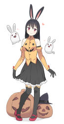 Rule 34 | 1girl, animal ears, bare shoulders, black gloves, black hair, black skirt, black thighhighs, breasts, covered collarbone, detached sleeves, frilled skirt, frills, full body, ghost, gloves, hair between eyes, hair ornament, hairclip, halloween, heart, highres, jack-o&#039;-lantern, long hair, looking at viewer, original, pleated skirt, rabbit ears, rabbit girl, red eyes, red footwear, saiste, shirt, shoes, simple background, skirt, skirt hold, small breasts, smile, solo, standing, thighhighs, white background, yellow shirt