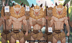 Rule 34 | 6+boys, abs, alexander dinh, bandaged arm, bandages, blood, brown skirt, cowboy shot, crossed arms, day, emphasis lines, english text, facing viewer, genshin impact, heart, holding, holding polearm, holding weapon, mask, multiple boys, muscular, muscular male, navel, nosebleed, outdoors, palm tree, polearm, skirt, skull ornament, stomach, tree, weapon