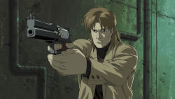 Rule 34 | 00s, 1boy, absurdres, brown hair, coat, ghost in the shell, ghost in the shell stand alone complex, gun, handgun, highres, low bore axis revolver, male focus, mateba 2008m, mullet, revolver, solo, togusa (gits), weapon