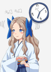 Rule 34 | 1girl, asakaze (kancolle), blue bow, blue eyes, blue hakama, blush stickers, bow, clock, commentary request, forehead, hair bow, hakama, hakama skirt, japanese clothes, kantai collection, light brown hair, long hair, mayura (lucadia), meiji schoolgirl uniform, one-hour drawing challenge, paper, parted bangs, sidelocks, skirt, solo, translation request, wall clock, wavy hair
