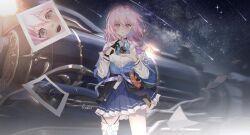 Rule 34 | 1girl, astral express (honkai: star rail), belt, belt buckle, blue jacket, blue skirt, blush, buckle, buterflu, camera, commentary, english commentary, floating hair, gloves, hair between eyes, highres, holding, holding camera, honkai: star rail, honkai (series), jacket, looking at viewer, march 7th (honkai: star rail), medium hair, milky way, night, night sky, outdoors, partially fingerless gloves, photo (object), pink hair, pleated skirt, purple belt, purple eyes, shirt, shooting star, signature, single glove, skirt, sky, solo, star (sky), starry sky, tied jacket, train, white shirt