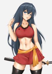 Rule 34 | 1girl, absurdres, arcie albano, arm up, artist name, black hair, blue eyes, blush, commentary, contrapposto, cosplay request, hair between eyes, highres, holding, holding weapon, katana, kodama karen, long hair, midriff, miniskirt, navel, open mouth, original, red skirt, red tank top, simple background, skirt, solo, star trek, sword, tank top, thighhighs, toned, twitter username, very long hair, weapon, white background