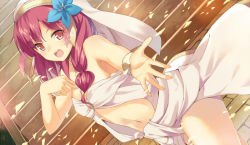 Rule 34 | 1girl, bad id, bad pixiv id, braid, cccpo, dutch angle, flower, hair flower, hair ornament, jpeg artifacts, long hair, magi the labyrinth of magic, midriff, morgiana, navel, no bra, o-ring, open mouth, red eyes, red hair, revealing clothes, smile, solo, stairs