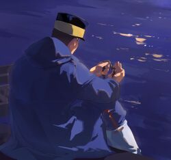 Rule 34 | 1boy, blue jacket, boat, commentary, ddamma 7, facing away, golden kamuy, hat, highres, holding, holding hair, hood, hood down, jacket, kepi, male focus, military hat, outdoors, short hair, sitting, symbol-only commentary, tsukishima hajime, very short hair, water, watercraft