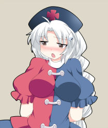 Rule 34 | 1girl, ahoge, arms behind back, bad id, bad pixiv id, blush, braid, cross, female focus, hammer (sunset beach), hat, impossible clothes, impossible shirt, long hair, open mouth, shirt, silver hair, solo, sweatdrop, touhou, upper body, yagokoro eirin