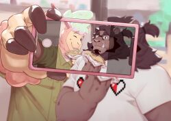 Rule 34 | 2boys, alpaca boy, alpaca ears, animal ears, bara, belly, camera phone, commentary, eating, english commentary, facial mark, fang, fang out, fat, fat man, food, furry, furry male, glasses, green shirt, highres, holding, holding food, holding phone, king (wtdl), kobu (wtdl), lhjal2, lion boy, lion ears, lion mane, looking at phone, male focus, multiple boys, one eye closed, phone, ponytail, selfie, shirt, smile, star (symbol), star facial mark, upper body, where the demon lurks, white shirt