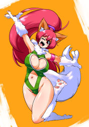 Rule 34 | 1girl, absurdres, animal ears, bare legs, bare shoulders, breasts, cat ears, cat girl, cleavage, cleavage cutout, clothing cutout, curvy, female focus, full body, happy, heart cutout, highleg, highleg leotard, highres, jumping, large breasts, leotard, long hair, looking at viewer, nipples, one eye closed, partially visible vulva, paw print, perisie (star ocean), pink hair, ponytail, red eyes, ryoi, shiny skin, simple background, smile, solo, star ocean, star ocean first departure, thick thighs, thighs, thong leotard, very long hair, wink