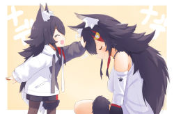 Rule 34 | 2girls, :d, ^ ^, absurdres, aged down, animal ear fluff, animal ears, bare shoulders, black hair, black hoodie, black legwear, breasts, child, choker, closed eyes, comforting, dual persona, fang, hand on another&#039;s head, headpat, highres, hololive, hood, hood down, hoodie, long hair, long sleeves, mother and daughter, multicolored hair, multiple girls, ookami mio, ookami mio (casual), open mouth, pantyhose, red hair, shirt, short shorts, shorts, sitting, skin fang, smile, tail, tears, two-tone hoodie, very long hair, virtual youtuber, wappa, white hair, white hoodie, white shirt, wolf ears, wolf girl, wolf tail