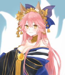 Rule 34 | 10s, 1girl, animal ear fluff, animal ears, bad id, bad pixiv id, bare shoulders, bell, blue bow, blue kimono, bow, breasts, brown eyes, chiyomaru (yumichiyo0606), choker, cleavage, collar, fate/extra, fate (series), fox ears, hair bell, hair between eyes, hair bow, hair ornament, highres, japanese clothes, kimono, large breasts, long hair, looking at viewer, off shoulder, official alternate costume, pink hair, smile, solo, tamamo (fate), tamamo no mae (fate/extra), tamamo no mae (third ascension) (fate), upper body, very long hair