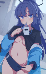 Rule 34 | 1girl, absurdres, aot., black shirt, blue archive, blue buruma, blue eyes, blue hair, blue jacket, blush, breasts, buruma, clothes lift, gym shirt, gym uniform, halo, highres, id card, indoors, jacket, lifted by self, long hair, looking at viewer, mechanical halo, medium breasts, mouth hold, navel, no bra, official alternate costume, shirt, shirt lift, solo, star sticker, sticker on face, track jacket, yuuka (blue archive), yuuka (track) (blue archive)