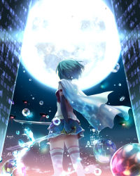 Rule 34 | 10s, 1girl, aircraft, blue hair, bubble, building, cape, dirigible, dual wielding, elbow gloves, full moon, gloves, highres, holding, mahou shoujo madoka magica, mahou shoujo madoka magica (anime), miki sayaka, moon, rushka, skirt, solo, sword, thighhighs, watari (hasumi rina), weapon, white thighhighs