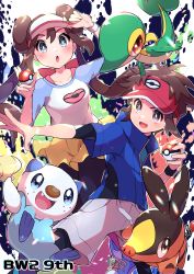 Rule 34 | 1boy, 1girl, :d, absurdres, black leggings, black pantyhose, blue eyes, blue jacket, blush, bow, bright pupils, brown hair, collarbone, commentary request, creatures (company), double bun, game freak, gen 5 pokemon, grey shorts, hair bun, hand on headwear, hands up, highres, holding, holding poke ball, jacket, leggings, leggings under shorts, long hair, looking at viewer, nate (pokemon), nintendo, open mouth, oshawott, pantyhose, pink bow, poke ball, poke ball (basic), pokemon, pokemon (creature), pokemon bw2, pon yui, raglan sleeves, red headwear, rosa (pokemon), short hair, short shorts, short sleeves, shorts, smile, snivy, starter pokemon trio, tepig, tongue, twintails, visor cap, white pupils, yellow shorts, zipper pull tab