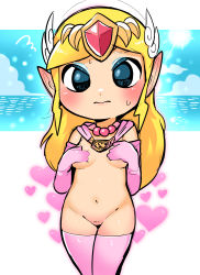 Rule 34 | 1girl, absurdres, blonde hair, blush, covering privates, covering breasts, elbow gloves, embarrassed, female pubic hair, gloves, heart, highres, jewelry, legs together, long hair, looking at viewer, necklace, nintendo, nude, ocean, pink gloves, pink thighhighs, pointing, princess zelda, pubic hair, solo, sun, the legend of zelda, the legend of zelda: the wind waker, thighhighs, tiara, toon zelda, tory (tory29)