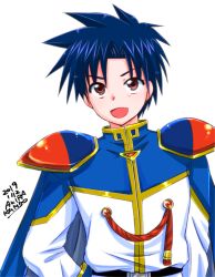 Rule 34 | 1boy, :d, akira kambo, artist name, belt, blue cape, blue hair, brown eyes, cape, dated, galaxy angel, gold trim, long sleeves, male focus, open mouth, simple background, smile, solo, spiked hair, takuto meyers, upper body, white background