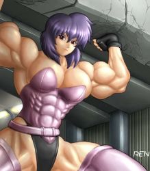Rule 34 | 1girl, abs, arms up, breasts, crushing, extreme muscles, female focus, ghost in the shell, holding, kusanagi motoko, muscular, ren (tainca2000), solo