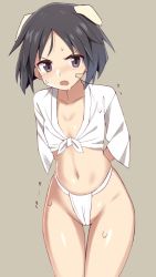 Rule 34 | 1girl, animal ears, arms behind back, bad id, bad twitter id, black hair, blush, brave witches, breasts, brown background, cameltoe, fundoshi, glastonbury1966, highleg, highleg panties, japanese clothes, kanno naoe, leaning forward, looking at viewer, navel, open mouth, panties, purple eyes, short hair, simple background, small breasts, solo, sweat, underwear, white panties, world witches series